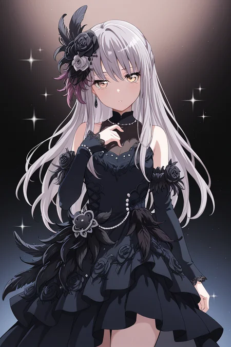 masterpiece, best quality, amazing quality,
<lora:Yukina_IL:1> yukina, 1girl, solo, flower, hair flower, hair ornament, long hair, black flower, dress, detached sleeves, rose, grey hair, feathers, bangs, earrings, black rose, jewelry, sparkle
