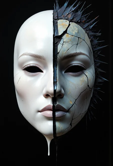 Abstract Emotion Mask: A mask that changes its expression and texture based on the emotions of the person wearing it. When viewed, it shifts between smooth porcelain, cracked stone, and flowing liquid.
, ppstorybook, aidmamj6.1, aidmaillustrious