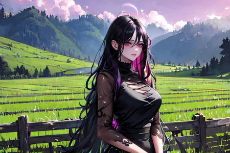 (otherworldly), highly insanely detailed, masterpiece, top quality, best quality, highres, 4k, 8k, RAW photo, (very aesthetic, beautiful and aesthetic), farm, fields, barn, fence, fantfa, <lora:FantasyFarm-10:0.5>,
1girl,
(black hair ,streaked hair,colored inner hair),
(pure magenta background,transparent background),âââ