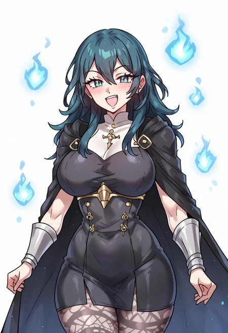 <lora:PONY-c»-Eboraart:0.7> ,score_9. score_8_up. score_7_up. score_6_up. score_5_up. score_4_up, source_anime, 1girl, solo, calm, smile, smirk, seductive, squinted eyes, blushing, open mouth, 1girl, very_massive breasts, wide hips, thin waist, thick thighs, byleth_(fire_emblem:_awakening), dark_teal hair, medium hair, dark_teal eyes, black tunic, black coat, grey tights, black skirt, grey metal_armor, cowboy shot, white background, simple background, uncensored,<lora:add-detail-xl:1>,complex background,