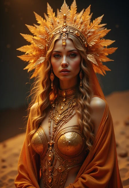 (A beautiful cinematic ornamented female sand goddess, golden dress, glow golden tattoo), (galactic Shaman with Quantum Energy fantasy), fantasy magic, long hairstyle, dark light night, intricate, ethereal, sharp focus, illustration, highly detailed, digital painting, concept art, matte, (art by WLOP), (by Justin Gerard and Jason Edmiston: 1.5), (by Greg Rutkowski: 0.4), (by Alphonse Mucha: 0.4), masterpiece