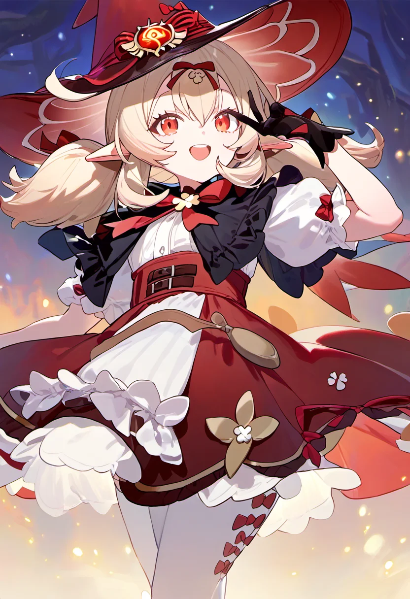 score_9,score_8_up,score_7_up, klee_(blossoming_starlight)_(genshin_impact), klee_(genshin_impact), witch_hat, highres, 1girl, black_gloves, pointy_ears, red_headwear, blonde_hair, red_eyes, vision_(genshin_impact), official_alternate_costume, low_twintails
