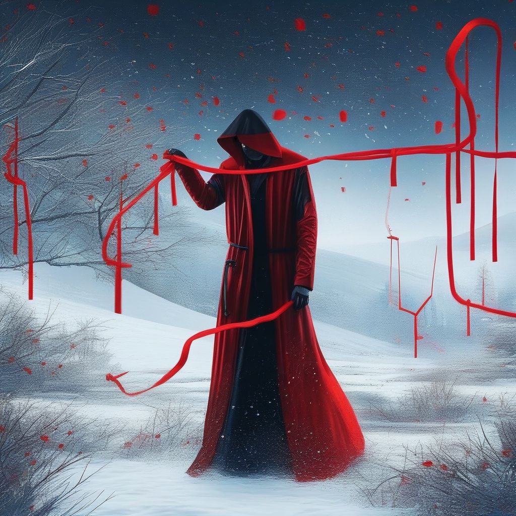 1boy, adult male, crying, holding a red string, rains, horror styled art