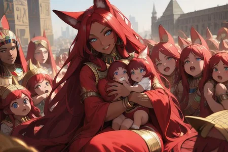 (masterpiece, best quality:1.5), (ultra realistic:1.5), (8k uhd, very high quality:1.5), (extremely detailed face:1.5), (everyone has ruby red fox ears:1.5), (dark skin Egyptian woman sitting and holding multiple babies in her arms:1.5), (everyone smiling, happy:1.5), (bright blue eyes:1.5), (everyone has absurdly long ruby red hair:1.5), (everyone has super long ruby red hair and fox ears:1.5), (countless numbers of extremely young children surround their mom and completely fill the background:1.5), (the woman is surrounded by endless numbers of her extremely young children that fill the entire background:1.5), (the woman is surrounded by her innumerable children that fill the entire background:1.5), (city background:1.5)