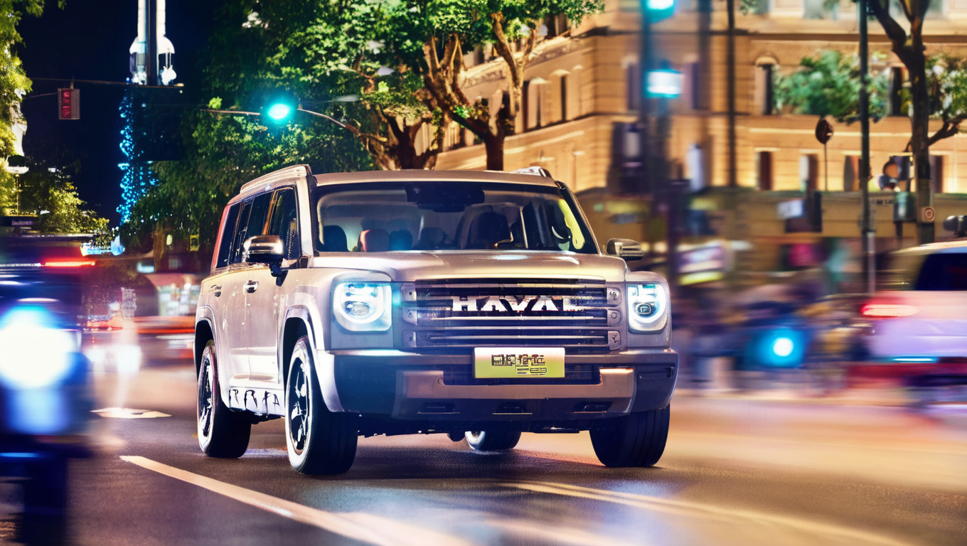 a close-up of a gold Menglong B26 in the frontend view driving down a city street at night with a city skyline in the background. photo, realistic <lora:sdxl_menglong_b26_9_16:1.0>