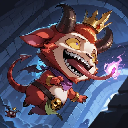 (luminous lighting:0.5), (vibrant:0.5), fluffy body, , detailed background, dungeon, flying, dynamic angle, dynamic pose, dynamic flying, multiple others, solo focus, on side,
, <lora:teemo-v3-000014:1> wrtmonio, satyr, 1boy, (chibi:0.5), (plump:0.5), two-tone skin, red striped tail,
, floating_crown, purple bandana, gold_bracer, green_pelvic_curtain, skull_buckle, black_belt, tail_ring,
, yellow sclera, constricted pupils, lazy eyes, bad looking, long tongue, sharp teeth, wavy mouth, open mouth, squint, crazy eyes,
