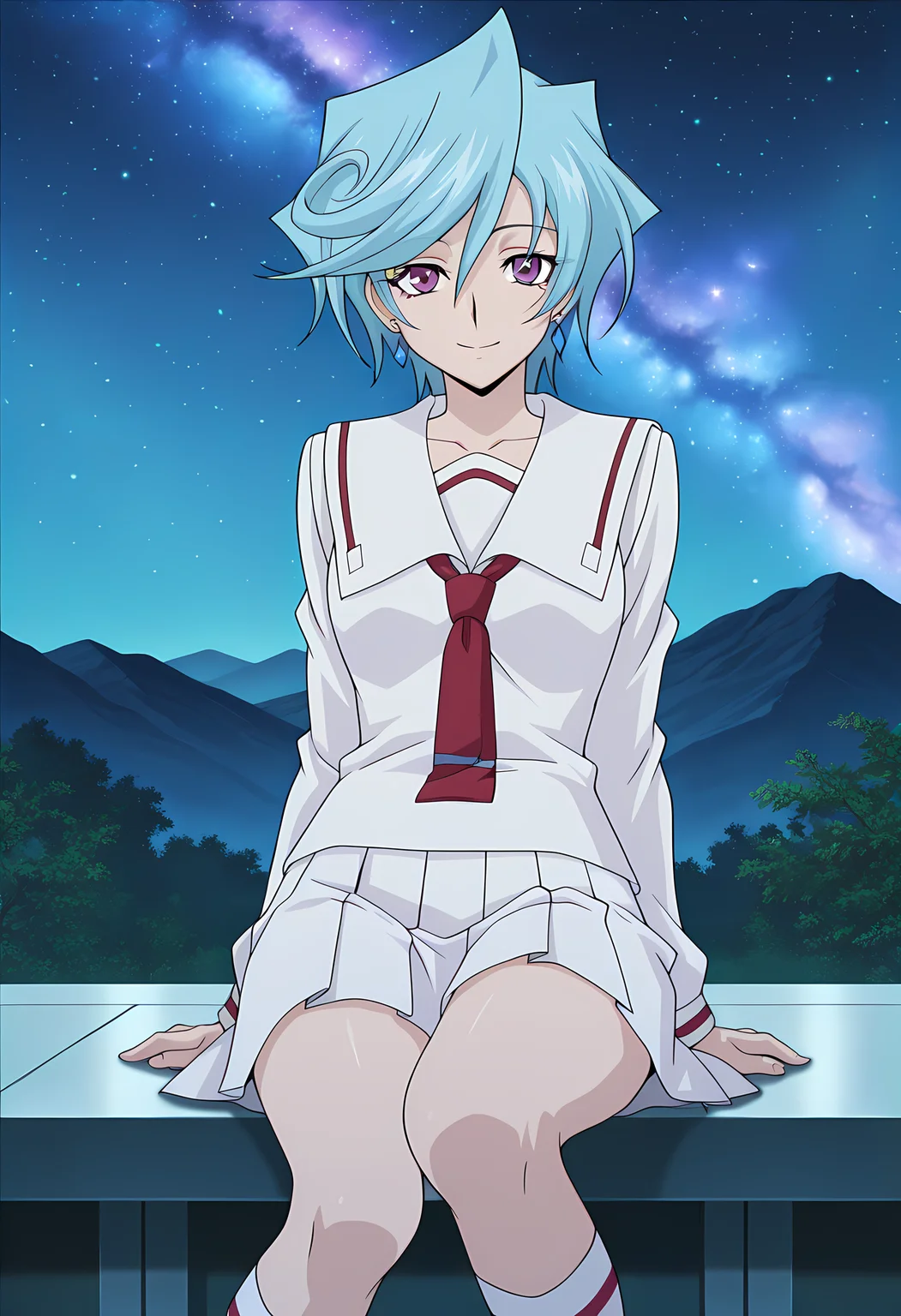 masterpiece,best quality,amazing quality,
1girl, solo,
Suiko Tatsunagi (Cardfight Vanguard), short hair, blue hair, purple eyes, collarbone, earrings, jewelry, school uniform, serafuku, white sailor collar, necktie, long sleeves, pleated skirt, socks, mary janes,
looking at viewer, smile,
cinematic,
Sit, leaning back, with two arms,
bloom, night, at mountain, greenery, galaxy sky,
Official style, anime screencap, anime coloring,
