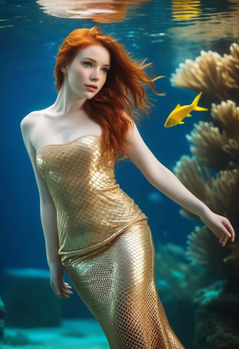 (cinematic, bokeh, hdr), woman, redheaded hair, pale white skin, (mermaid), shiny gold fishnetdress, full body, underwater, wet