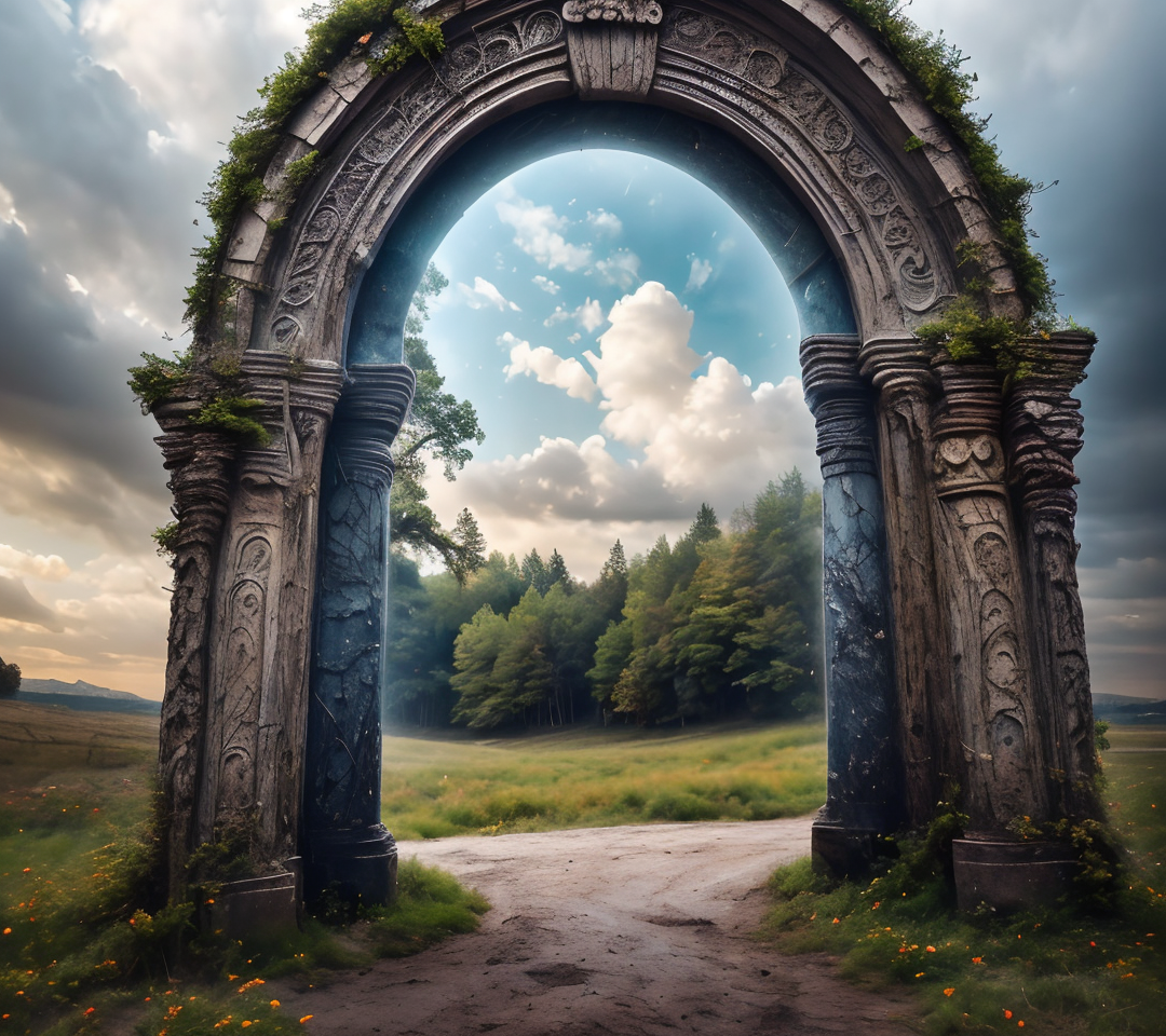 RAW photo, (masterpiece:1.3), subsurface scattering, heavy shadow, (high quality:1.4), (intricate, high detail:1.2), professional photography, HDR, High Dynamic Range, realistic, ultra realistic, photorealistic, high resolution, film photography, ambient lighting, atmospheric effects, <lora:detail_slider_v4:2>, OverallDetail, blue sky, cloud, fantasy, flower, grass, nature, no humans, outdoors, pillar, plant, portal, reflection, scenery, solo, traditional media, tree, <lora:Portal:1> , epiCPhoto