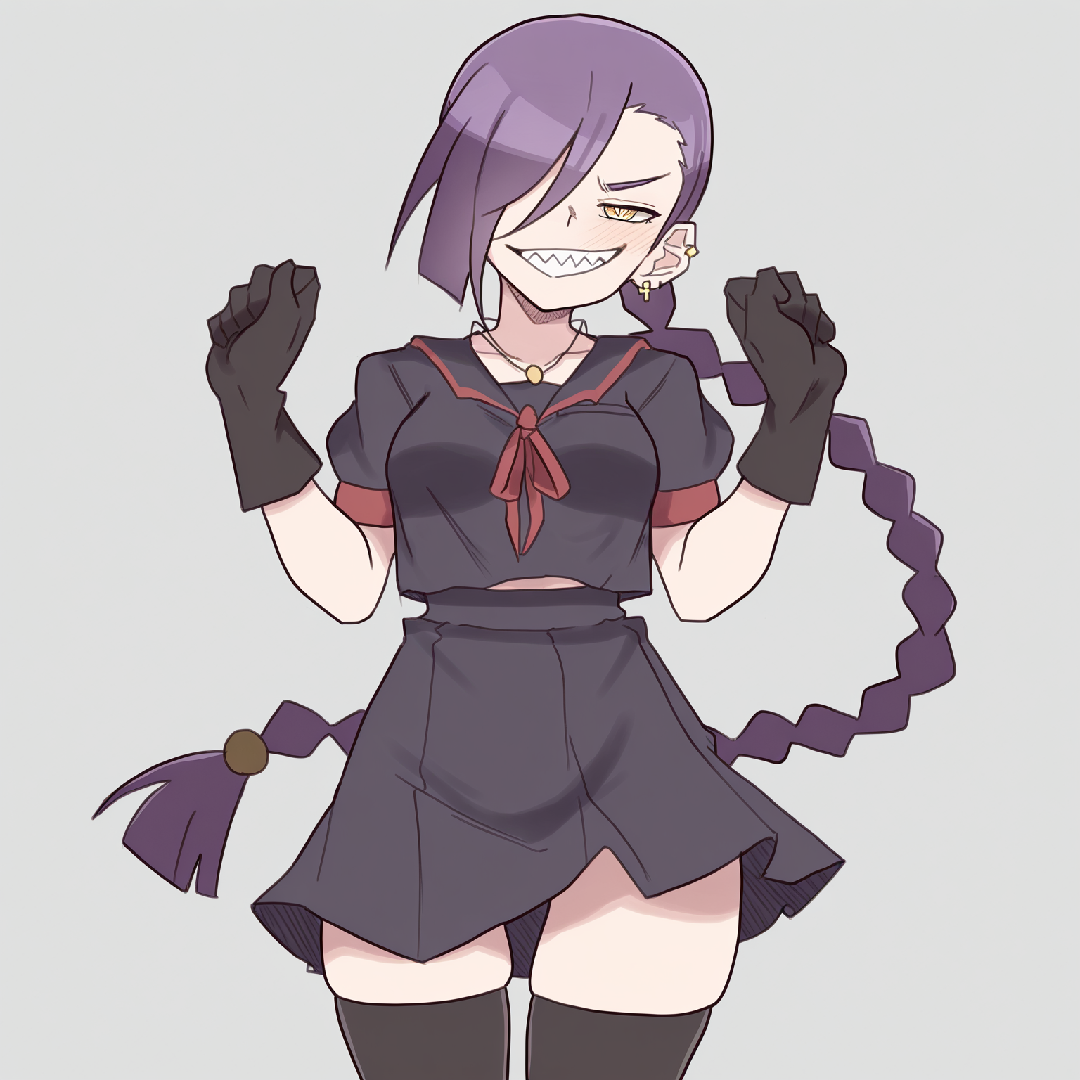 masterpiece, best quality, amazing quality, very aesthetic, absurdres, newest,
<lora:Zlixon_style_ILLUST-000002:0.95> zlix0n, re:creators, monogatari \(series\), 
1girl, solo, <lora:magane-chikujouin-s1-ponyxl-lora-nochekaiser:0.75> magane chikujouin, long hair, purple hair, braid, single braid, hair over one eye, yellow eyes, sharp teeth,
medium breasts, skirt, thighhighs, gloves, jewelry, school uniform, earrings, serafuku, black gloves, black thighhighs, necklace, zettai ryouiki, 
smug, looking at viewer,
interesting pose,