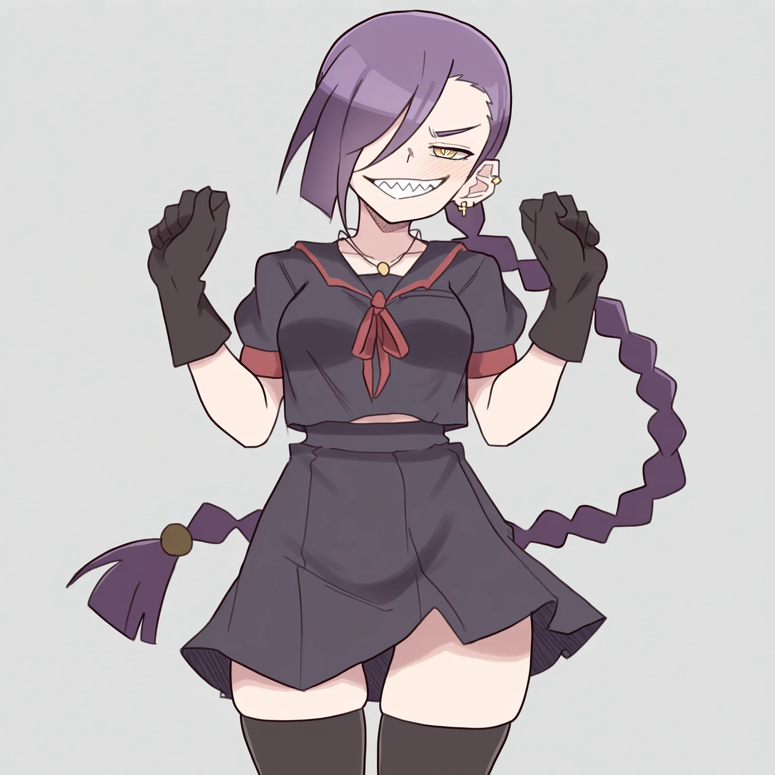 masterpiece, best quality, amazing quality, very aesthetic, absurdres, newest,
<lora:Zlixon_style_ILLUST-000002:0.95> zlix0n, re:creators, monogatari \(series\),
1girl, solo, <lora:magane-chikujouin-s1-ponyxl-lora-nochekaiser:0.75> magane chikujouin, long hair, purple hair, braid, single braid, hair over one eye, yellow eyes, sharp teeth,
medium breasts, skirt, thighhighs, gloves, jewelry, school uniform, earrings, serafuku, black gloves, black thighhighs, necklace, zettai ryouiki,
smug, looking at viewer,
interesting pose,