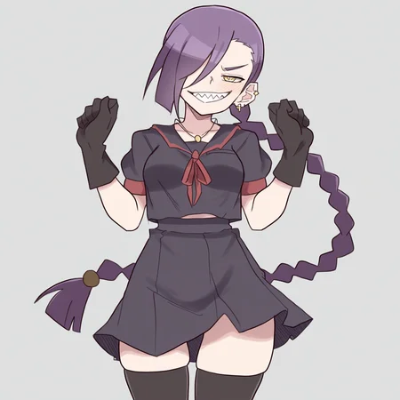 masterpiece, best quality, amazing quality, very aesthetic, absurdres, newest,
<lora:Zlixon_style_ILLUST-000002:0.95> zlix0n, re:creators, monogatari \(series\),
1girl, solo, <lora:magane-chikujouin-s1-ponyxl-lora-nochekaiser:0.75> magane chikujouin, long hair, purple hair, braid, single braid, hair over one eye, yellow eyes, sharp teeth,
medium breasts, skirt, thighhighs, gloves, jewelry, school uniform, earrings, serafuku, black gloves, black thighhighs, necklace, zettai ryouiki,
smug, looking at viewer,
interesting pose,