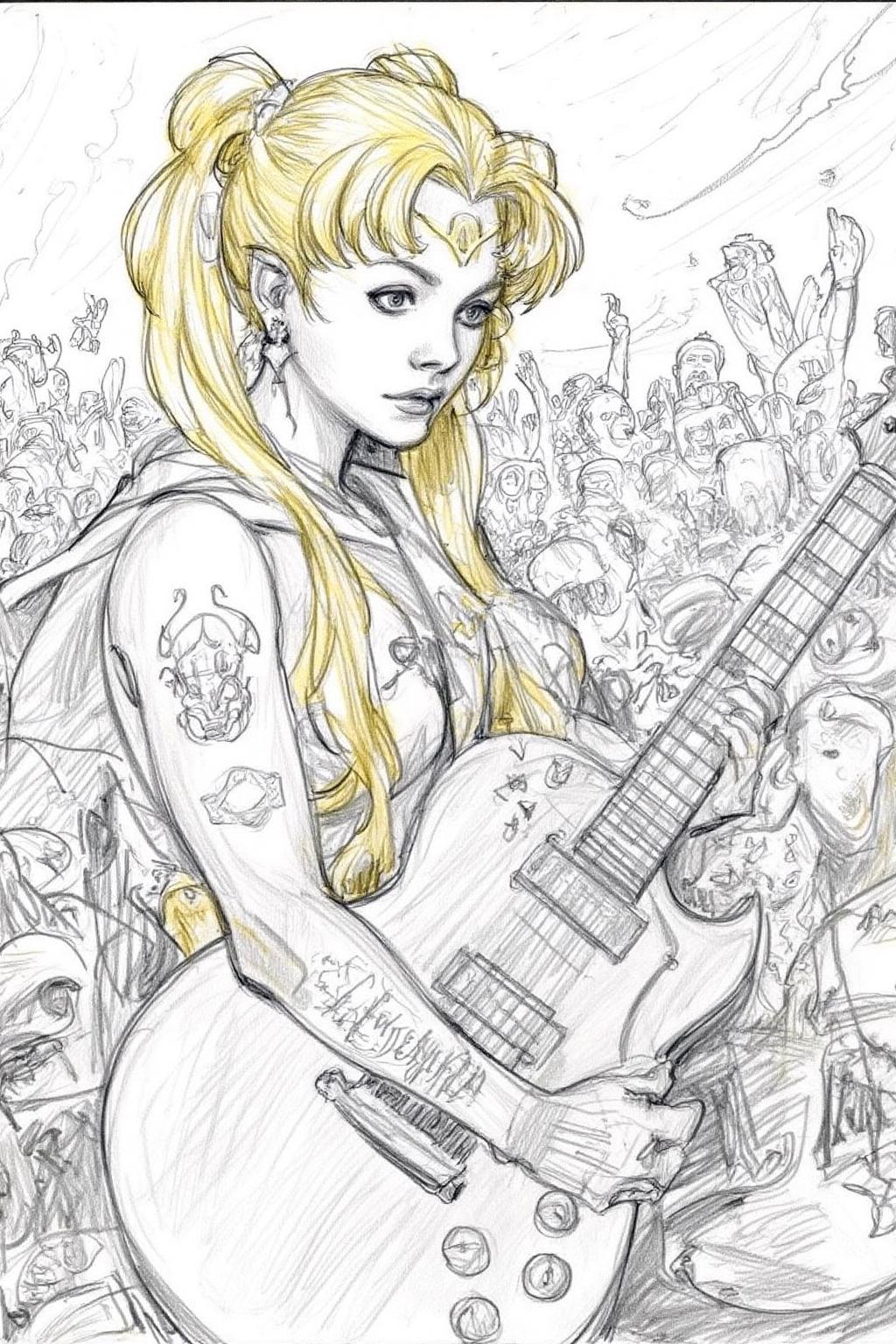 Pencil sketch.
Sailor Moon, her blonde hair style into twintail,  playing a guitar at a heavy metal mosh pit, tattoos, piercing.  <lora:iainmccaig1_cap_d8a4e12:1.0><lora:864361179672234323:0>