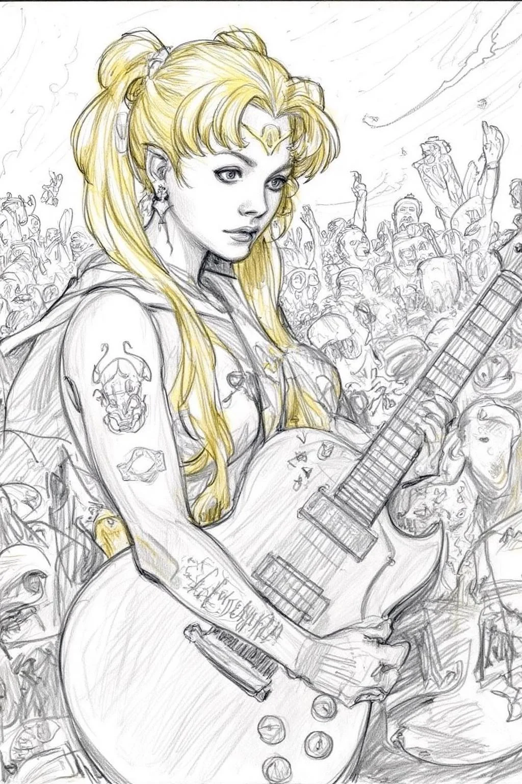 Pencil sketch.
Sailor Moon, her blonde hair style into twintail, playing a guitar at a heavy metal mosh pit, tattoos, piercing. <lora:iainmccaig1_cap_d8a4e12:1.0><lora:864361179672234323:0>