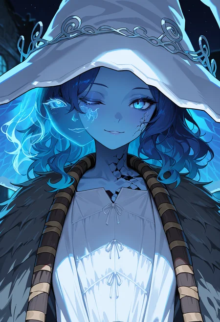 masterpiece, best quality, newest, absurdres, highres, 1girl, RnnDef, blue eyes, one eye closed, blue hair, wavy hair, extra faces, ghost face, blue skin, colored skin, cracked skin, witch hat, large hat, white headwear, white dress, fur cloak, brown cloak, <lora:Ranni_illusXLNoobAI_Incrs_v1-000012:1>, close-up, seductive smile, high contrast, night,
