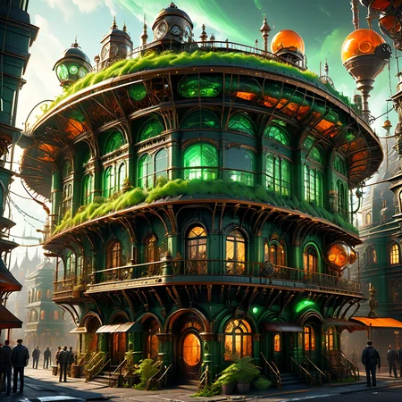((best quality)), ((masterpiece)), ((realistic,digital art)), (hyper detailed),DonMG414XL Steampunk City Gambrel Roof,Foyer, octane rendering, raytracing, volumetric lighting, Backlit,Rim Lighting, 8K, HDR, <lora:DonMG414XL-000016:1>