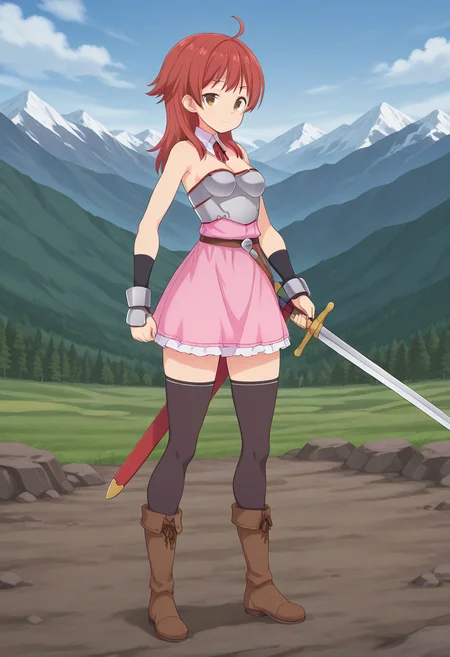 1girl, solo, hannalbdilus, red hair, medium hair, ahoge, brown eyes, detached collar, pink strapless dress, armor, arm_guards, bracers, breastplate,, medium breasts, thighhighs, boots, holding sword, sheath, serious, standing, full body, outdoors, mountains, looking at viewer, straight-on