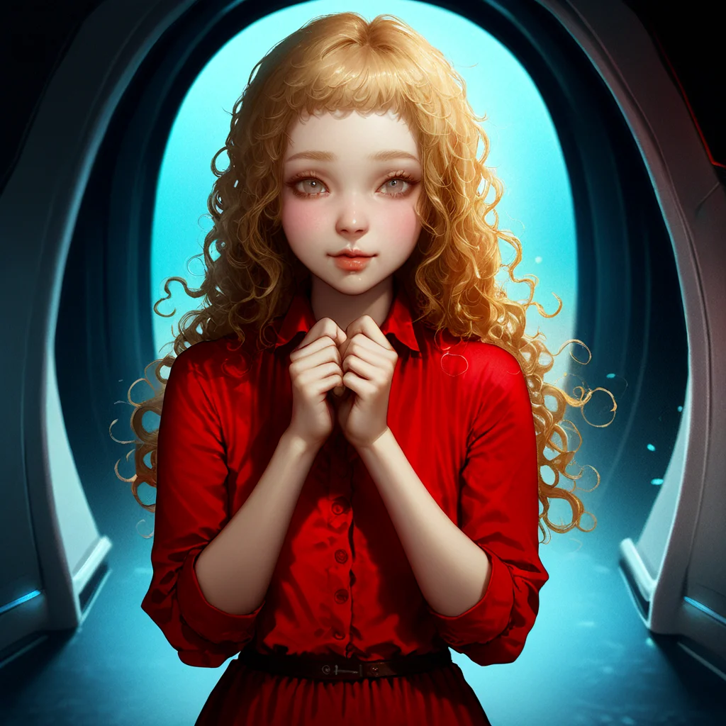 masterpiece, best quality, very aesthetic, kukrushka, 1girl, blonde hair, long hair, grey eyes, solo, lips, wavy hair, red dress, young, (realistic:0.1), spaceship interior, 1 girl with an innocent face, asking for a hug, open hands, digital art, soft pastel colors, warm lighting, whimsical background, detailed facial expression, by Artgerm and Loish, 4k resolution, vibrant and inviting atmosphere