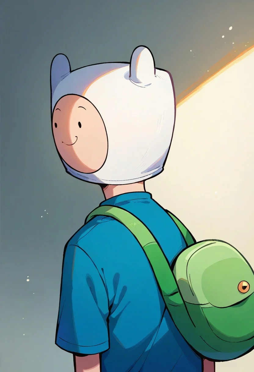score_9, score_8_up, score_7_up, solo, 1boy,finn the human, \(adventure time\), portrait,smile, Blue shirt, shirt, Blue short, short, with hat, hat, white hat, dot eyes, green back bag, back bag