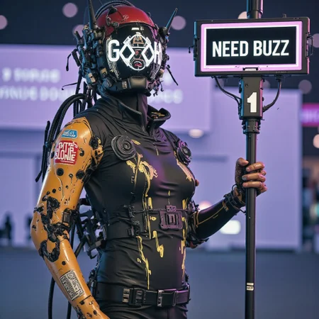 anime, cyberpunk, female, cybernetic arm, holding electronic sign that says "NEED BUZZ TO GET OUT OF NIGHT CITY",  cyberpunk style, cyberpunk helmet techwear, cyb3rwar3, large breasts