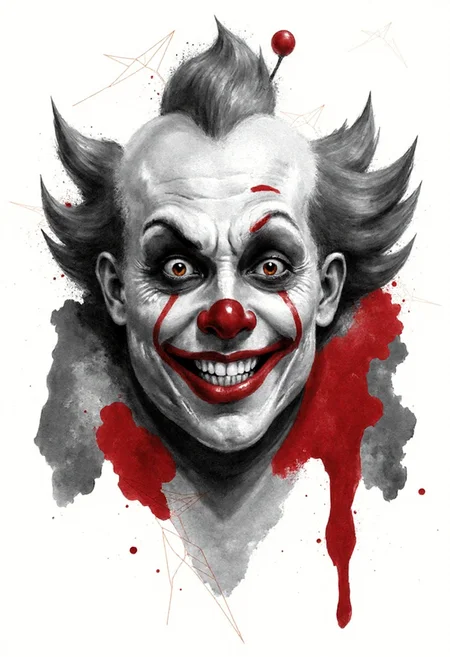 <lora:Acrobatic_Maneuvers_Style_FLUX-000015:0.9>
This image is a digital drawing that combines elements of surrealism and modern art. The central figure is a stylized, three-dimensional representation of the face of a scary clown, with striking details rendered in various shades of red and grey .