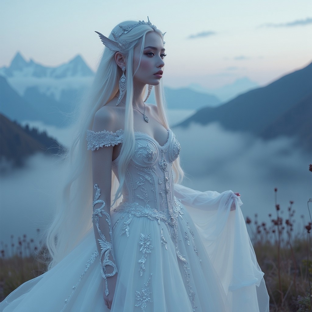 The image is a digital artwork in a surreal, ethereal style, featuring a young woman with an otherworldly appearance. She is standing in a misty, twilight landscape with a serene mountainous background under a soft, pastel sky. The woman has long, flowing platinum blonde hair and is dressed in an elaborate, flowing white gown adorned with intricate, shimmering silver embroidery.