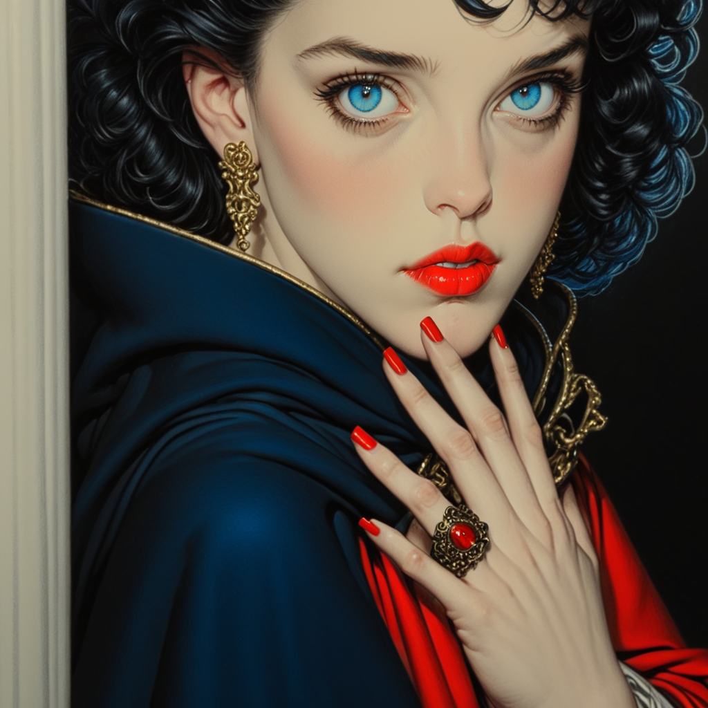 ArsMJStyle, Colored pencil hyperdetailed realism <lora:HyperdetailedColoredPencilV2SDXL:1> ArsMJStyle, Colored pencil hyperdetailed realism, The image is a portrait of a young woman with dark hair and blue eyes. She is wearing a red cloak with a gold belt around her waist. Her hair is styled in loose curls and she is wearing large blue earrings. She has red lipstick on her lips and her nails are painted with a red nail polish. Her hand is resting on a black and white striped railing. The background is a pale yellow color. The overall mood of the image is dark and mysterious., jewelry, solo, black hair, earrings, blue eyes, looking at viewer, nail polish, red nails, 1girl, red lips