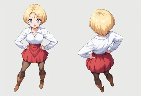 soulr, ((perfect anatomy)), detailed, perfection, bold lines, sharp eyes, solo, angle, score_9, score_8_up, score_7_up, detailed, perfection, bold lines, sharp eyes, 1girl, solo, blonde hair, pantyhose, blue eyes, full body, boots, short hair, open mouth, looking back, hands on hips, long sleeves, looking at viewer, from behind, standing, skirt, shirt, brown footwear