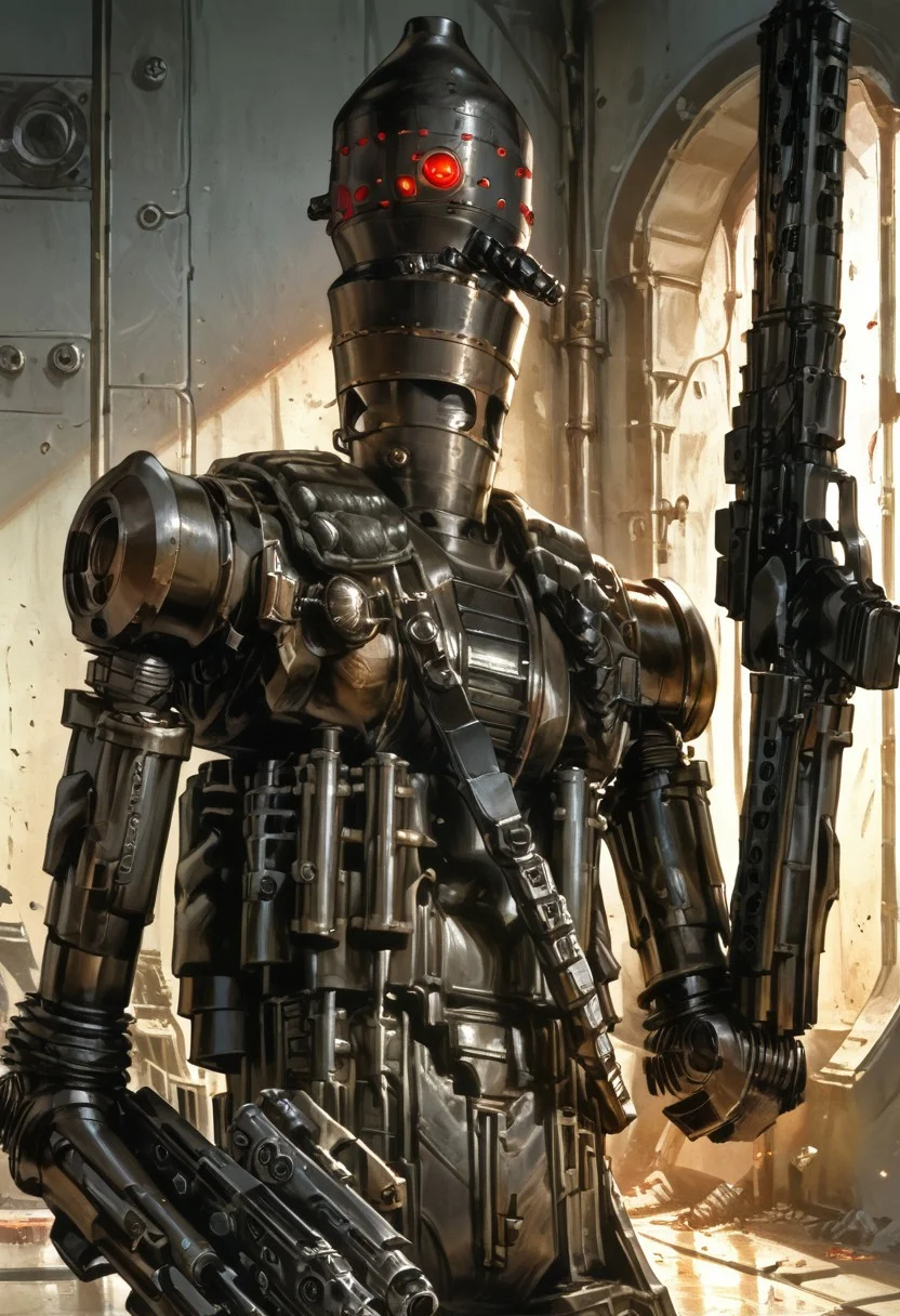 masterpiece illustration, (score_9, score_8_up:1.1),
((1robot, IG-88, black robot )), holding blaster pistol,
detailed, , light and shadow, volumetric lighting, , science fiction, action, dynamic,, dual wielding, cowboy shot, portrait,