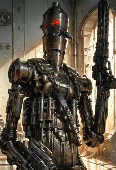 masterpiece illustration, (score_9, score_8_up:1.1),
((1robot, IG-88, black robot )), holding blaster pistol,
detailed, , light and shadow, volumetric lighting, , science fiction, action, dynamic,, dual wielding, cowboy shot, portrait,