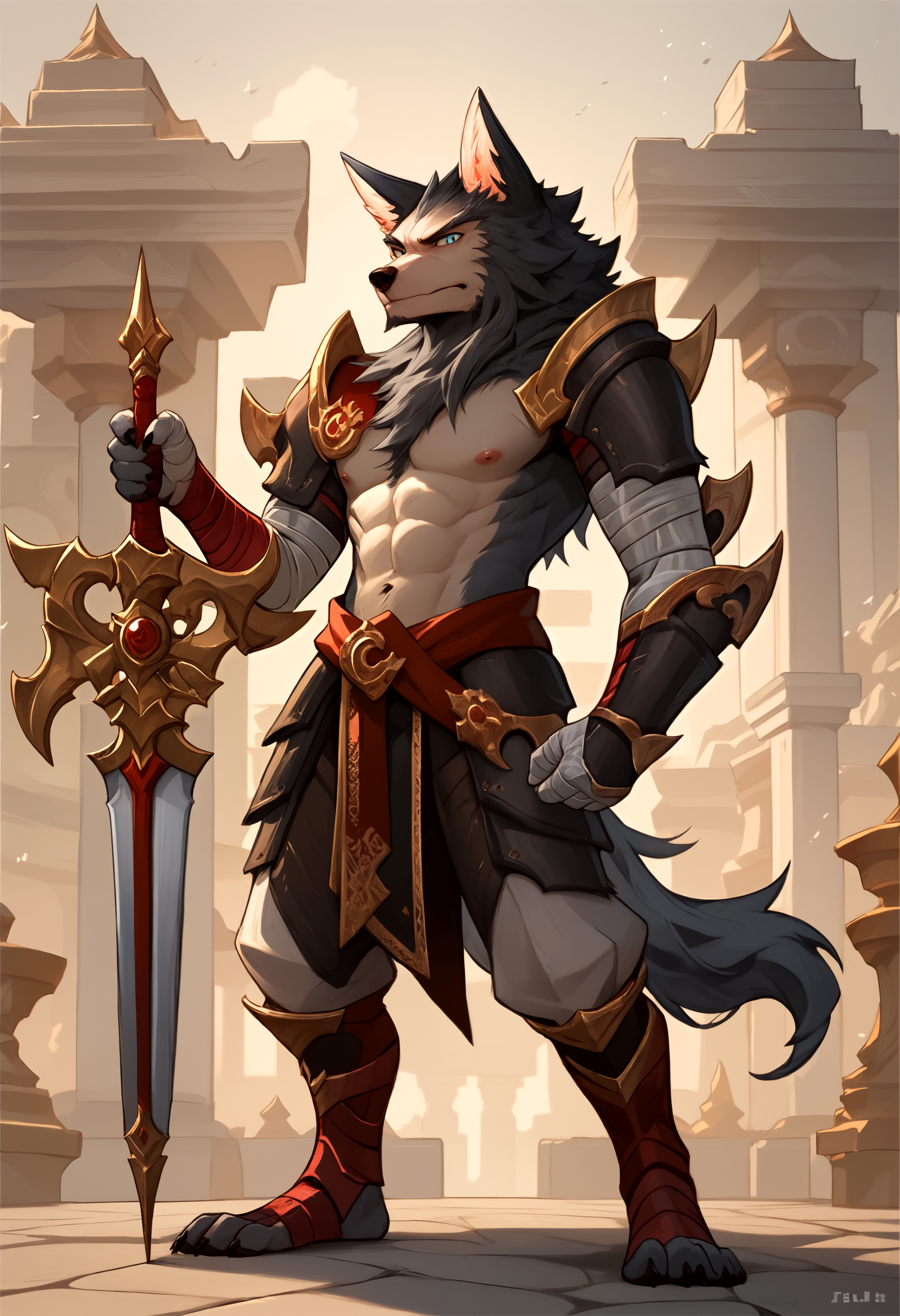 score_9, score_8_up, score_7_up, 8k, detailed design, detailed background, detailed characters, masterpiece, anthro only, furry only, solo, 1boy,  <lora:Tydus-000001>, tidus (afk), 1boy, grey fur, animal ears, blue eyes, wolf boy, full body, armor, looking at viewer, topless, white pants, brown skirt, red bandages,