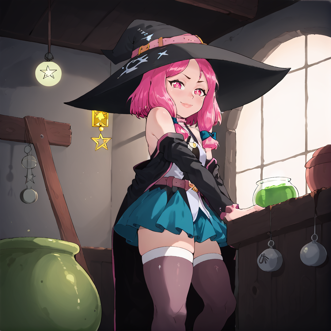 Masterpiece, high quality, score_9, score_8_up, score_7_up, highly detailed, dramatic lighting, volumetric lighting, multi-layered shading, 1girl, underlighting, from side, interior, dark room, green liquid boiling in big cauldron, huge cauldron, treehouse, wooden furniture, stirring, huge stirring rod, furrowed brow, smirk, half-closed eyes, focused, (perspective:1.1), leaning, <lora:PF11:1> pf11, pink hair, short hair, pink eyes, blue ribbons, hair tie, witch hat, thighhighs, black footwear, bare shoulders, star (symbol), pink choker, blue skirt, belt, black coat <lora:AsuraV2:0.6> <lora:diberkato:0.5> <lora:Hinahara_Hajime_CG_Set_Style_PonyXL:0.25>