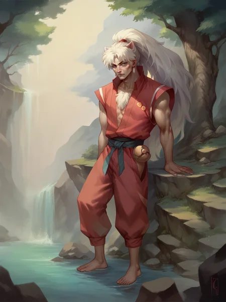 score_9, score_8_up, score_7_up, score_6_up, score_5_up,   <lora:4byssXLP:1> 4byss,inuyasha \(character\), 1boy, barefoot, solo
