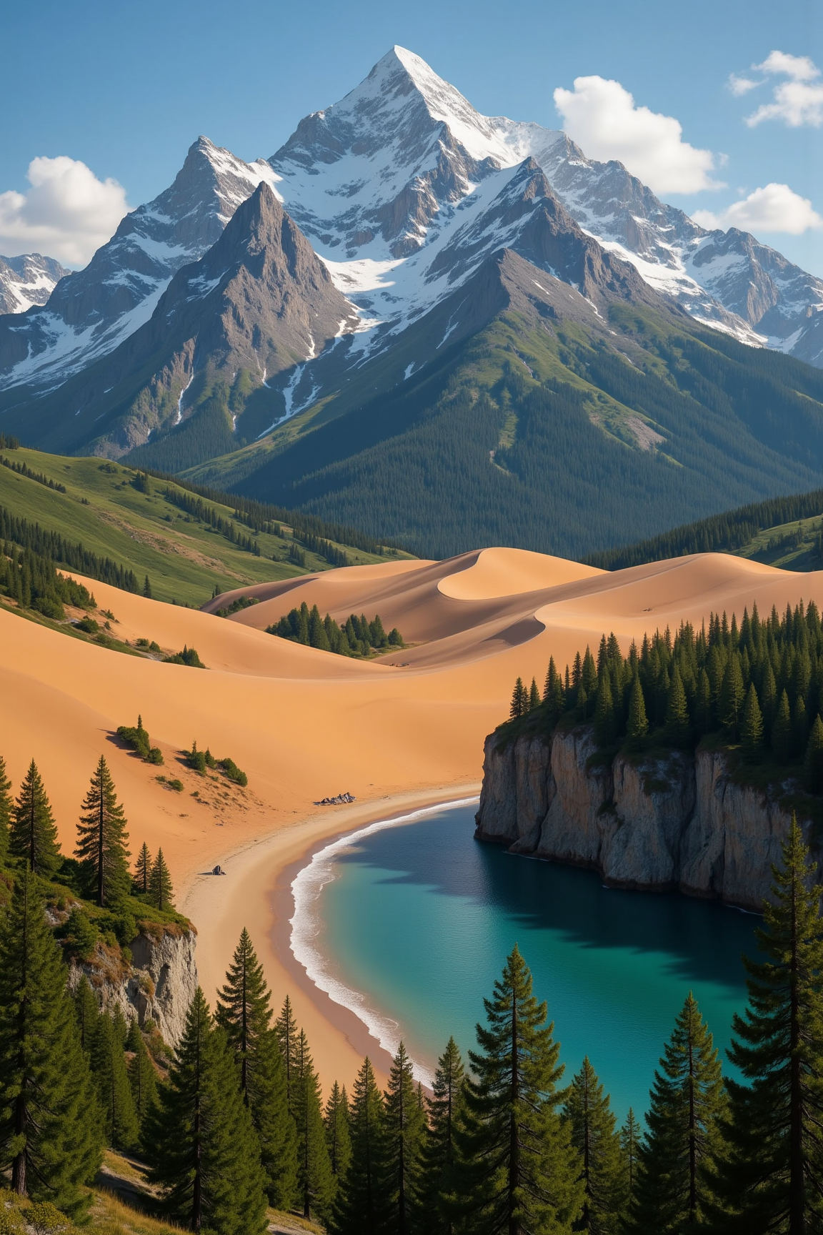 Rolling hills, verdant, sunlit. Jagged peaks, snow-capped, stark. Desert sands, endless, ochre. Coastal cliffs, wave-battered, gray. Forest canopy, dense, emerald.