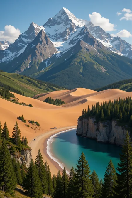 Rolling hills, verdant, sunlit. Jagged peaks, snow-capped, stark. Desert sands, endless, ochre. Coastal cliffs, wave-battered, gray. Forest canopy, dense, emerald.