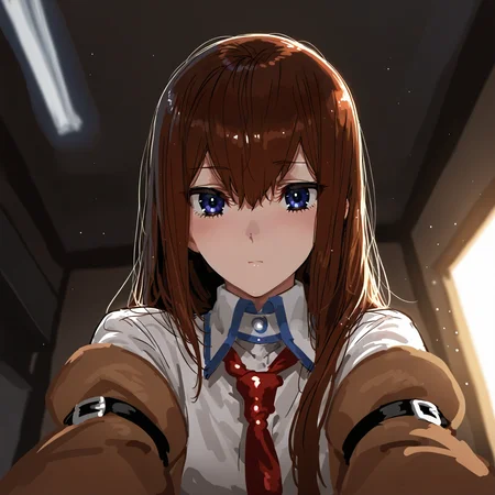 <lora:aruhshuraSDXL:1>, best quality, masterpiece, aruhshura, 1girl, red necktie, long hair, makise kurisu, white shirt, looking at viewer, blue eyes, blurry background, brown hair, collared shirt, indoors, brown jacket, depth of field, hair between eyes, closed mouth, reaching towards viewer, long sleeves, upper body, blush, from below, wing collar, straight hair, foreshortening, arm belt, expressionless, blurry foreground, light particles, pov, off shoulder