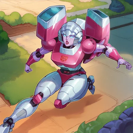 score_9, score_8_up, score_7_up, score_6_up, score_5_up, score_4_up, a girl in a science fiction metal land, 1girl, <lora:ArceeG1_XL:1> arcee, 1girl, transformers, robot, running, autobot