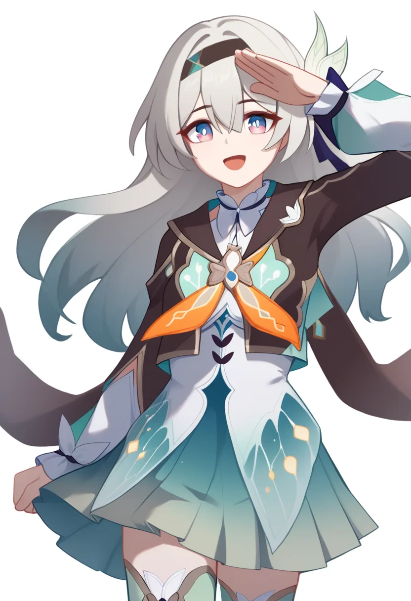 score_9,score_8_up,score_7_up,<lora:firefly_pony_v2:1>,1girl, arm_up, blue_bow, blue_pupils, bright_pupils, brown_jacket, brown_sailor_collar, brown_scarf, clenched_hand, commentary, contrapposto, cropped_jacket, cropped_legs, d:, firefly_\(honkai:_star_rail\), gradient_hair, green_dress, green_hair, green_skirt, hair_flower, hairclip, henshin_pose, long_eyebrows, long_hair, looking_at_viewer, messy_hair, no_nose, open_mouth, orange_bow, outstretched_arm, pink_eyes, pleated_skirt, posing, purple_eyes, short_over_long_sleeves, simple_background, small_breasts, solo, straight-arm_salute, white_background, white_dress, white_hair, white_thighhighs, wide_sleeves, zettai_ryouiki