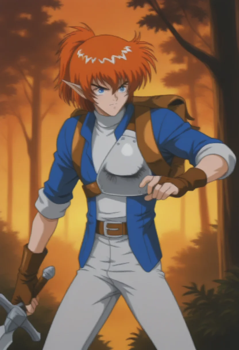 1boy, solo, alundrapsone, orange hair, ponytail, blue eyes, pointy ears, jacket, sleeves rolled up, shirt, turtleneck, armor, belt, backpack, fingerless gloves, pants, holding sword, serious, outdoors, forest, sunset,