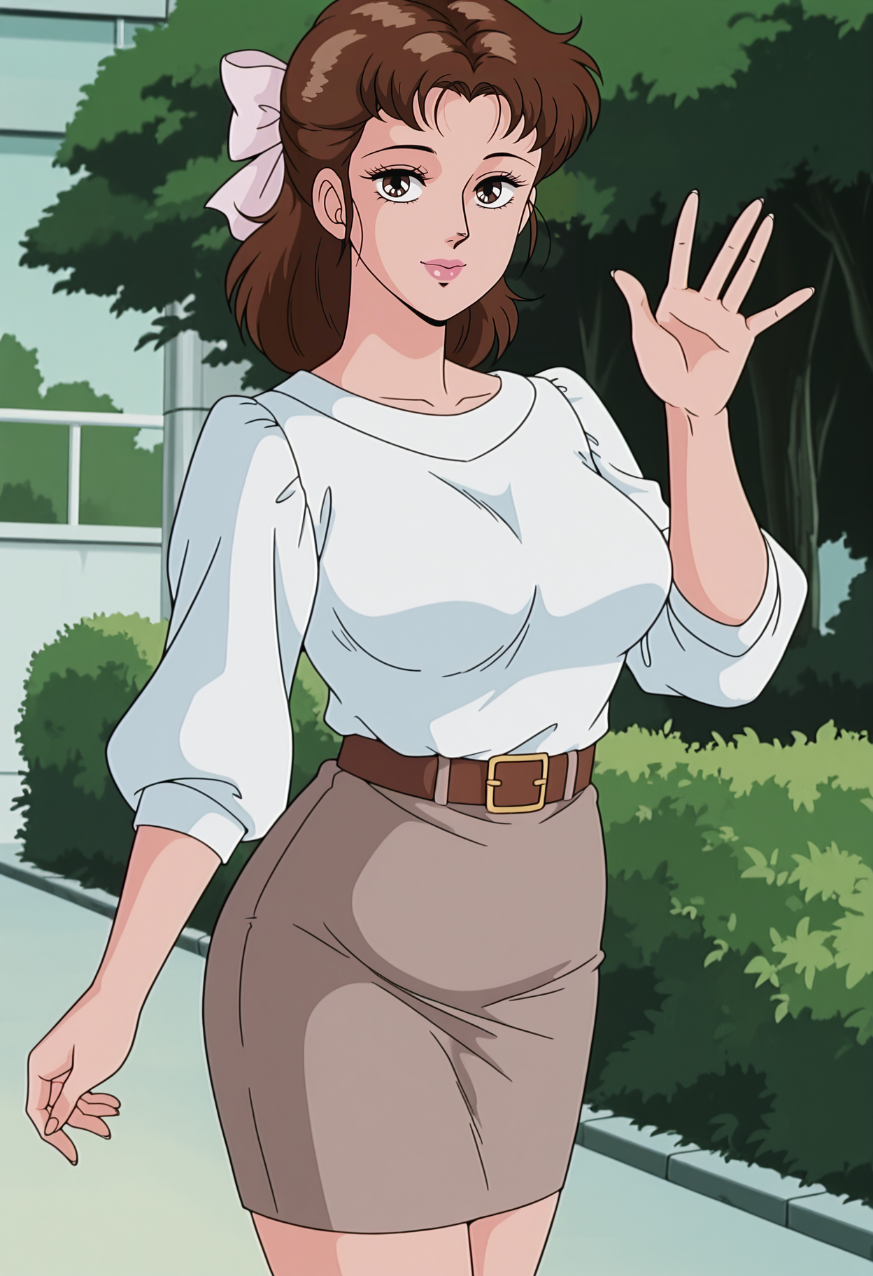 1girl,solo,mm,mature female,lips,anime coloring,retro artstyle,
hair bow,brown hair,brown eyes,pencil skirt,belt,white shirt,outdoors,waving,looking at viewer, 
,masterpiece,best quality,amazing quality,<lora:Manchiyo-Yaruki_Manman:0.8>