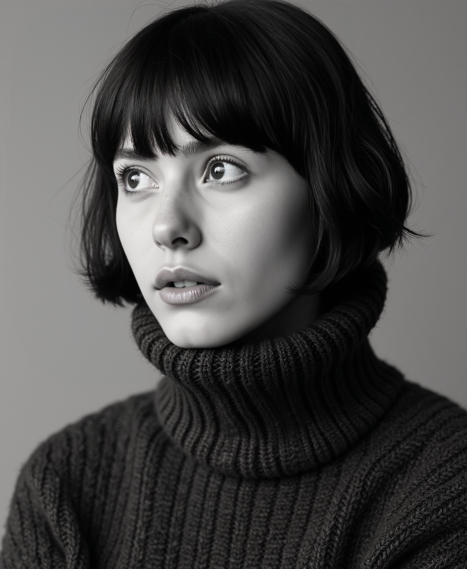 black and white photo of d351 naak woman, hyper realistic photo that is safe for work, expression of wonderment with wide eyes, studio quality image with natural colors, well dressed wearing intricate long sleeved Indigo turtleneck sweater, hair styled as  bangs,muted pastel shaded multicolored background that contrasts with the person, cinematic lighting,ââ   <lora:d351 naak-Indian Upturned Nose-Flux-V1:0.8>âââ