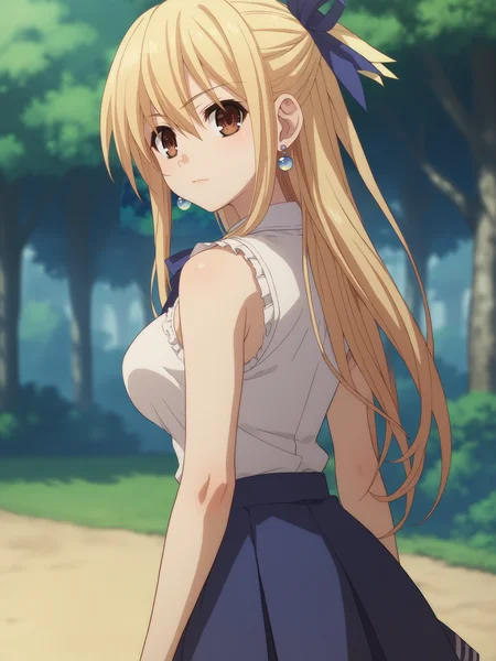 score_9, score_8_up, score_7_up, score_6_up, score_5_up, source_anime, smooth_anime,
Lucy_Heartfilia, 1girl, solo, brown_eyes, blonde_hair, ribbon, hair_ribbon, looking_at_viewer, long_hair, outdoors, jewelry, earrings, breasts, looking_back, sleeveless, blue_ribbon, skirt, shirt, tree, large_breasts, sleeveless_shirt, blue_skirt, very_long_skirt, day
 <lora:Date_A_Live:1>