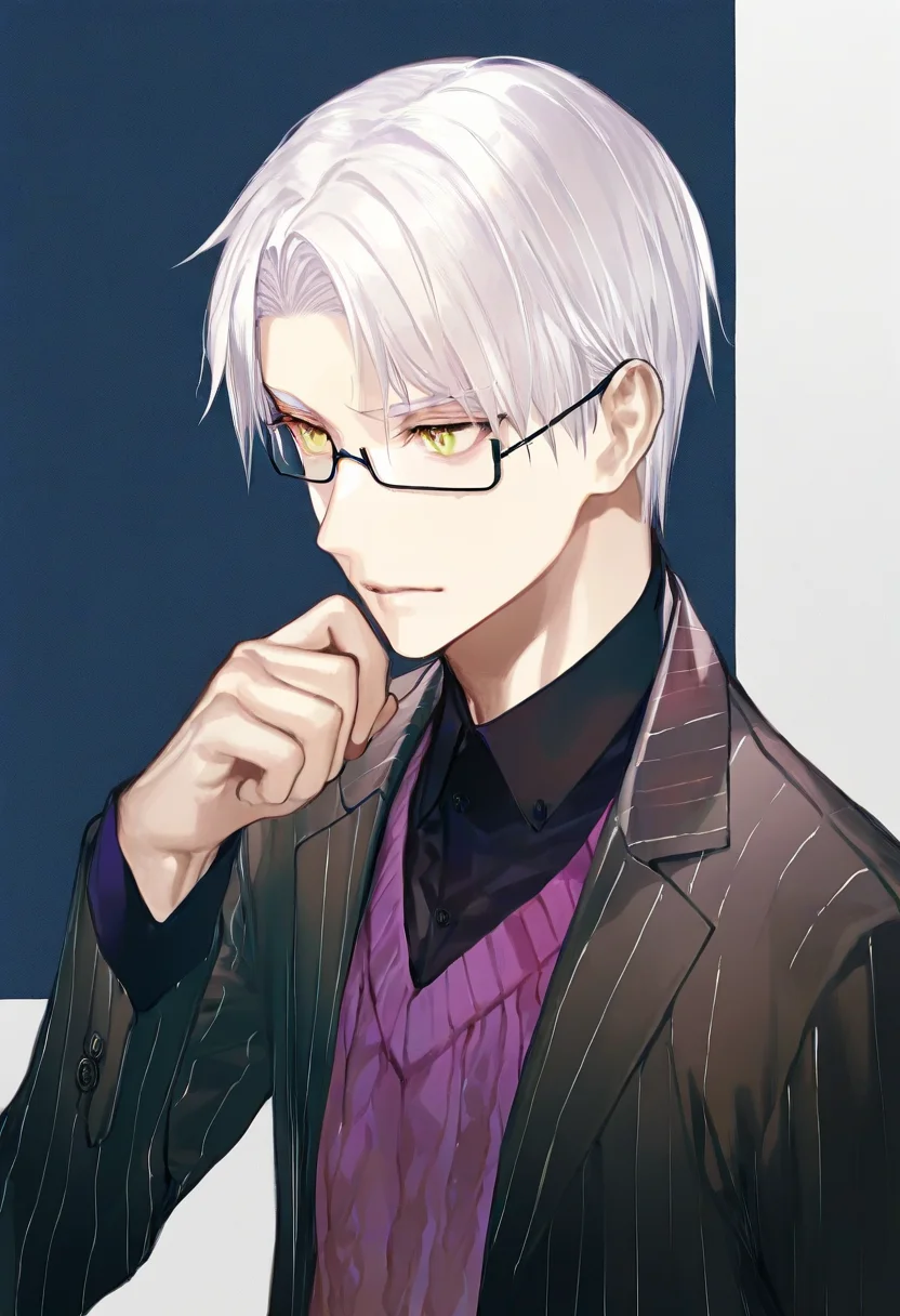artist:gomzi,artist:wanke,artist:diyokama, rei_(sanbonzakura),[[artist:fuzichoco]],year 2023,
1boy, solo, 
russell burrows, white hair, yellow eyes, short hair, under-rim eyewear,
black shirt, purple sweater, pinstripe suit, black suit, 
upper body, 
<lora:ntmf_majorcharacters.ilxl:1>