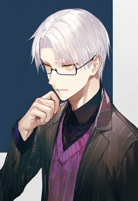artist:gomzi,artist:wanke,artist:diyokama, rei_(sanbonzakura),[[artist:fuzichoco]],year 2023,
1boy, solo, 
russell burrows, white hair, yellow eyes, short hair, under-rim eyewear,
black shirt, purple sweater, pinstripe suit, black suit, 
upper body, 
<lora:ntmf_majorcharacters.ilxl:1>