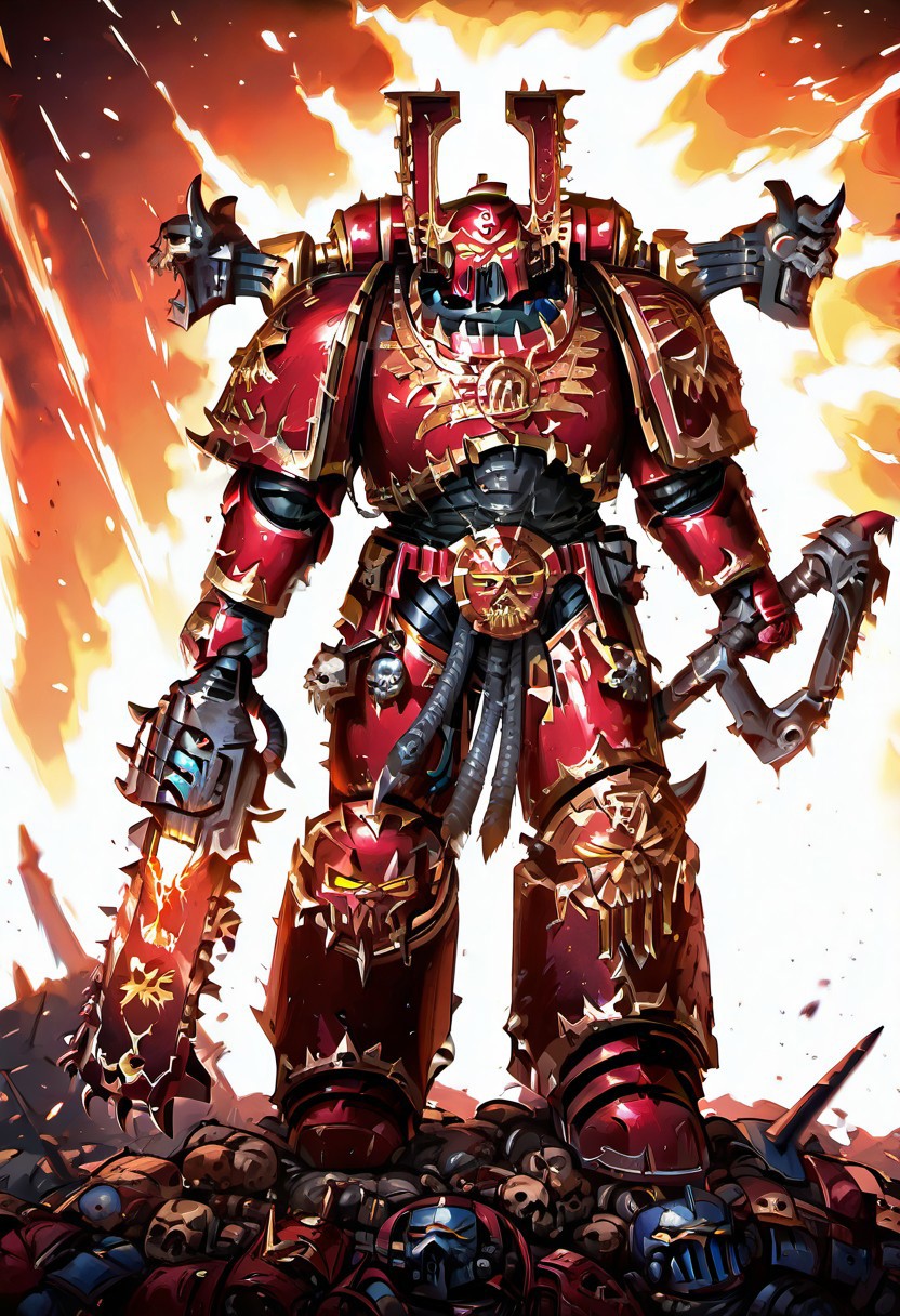 Score_9_up, absurdres, Source: GamesWorkshop, best quality, expressive eyes, perfect face, space marine, World Eaters Traitor Astartes Chapter Exalted Eightbound Berserker holding a chainsword, red armor, spiked horned astartes helmet, full body, volumetric lighting project unreal engine, mantisdetailerse, <lora:warhammerAdeptus_v1:0.7>,