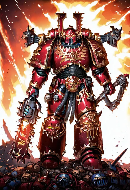 Score_9_up, absurdres, Source: GamesWorkshop, best quality, expressive eyes, perfect face, space marine, World Eaters Traitor Astartes Chapter Exalted Eightbound Berserker holding a chainsword, red armor, spiked horned astartes helmet, full body, volumetric lighting project unreal engine, mantisdetailerse, <lora:warhammerAdeptus_v1:0.7>,