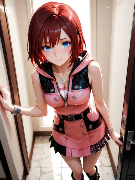 masterpiece, very aesthetic, best quality, amazing quality, solo, imtdkairi3il, 1girl, 20 years old, red hair, brown hair, short hair, blue eyes, dress, sleevesless, pink dress, hood, belt, sleeveless dress, necklace, zipper, hood down, bracelet, zipper pull tab, buttons, bangs, pleated dress, belt buckle, boots, short dress, medium brest, beautiful background
