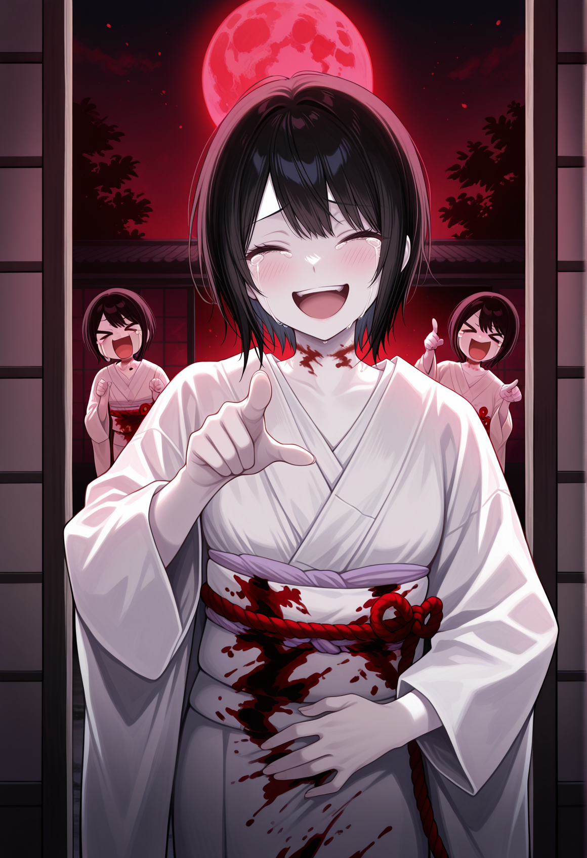 parody, night, red moon, sliding doors,  1girl, black hair, neck mark, short hair, black hair, XD, white kimono, obi, rope, pale skin, laughing, pointing at viewer,  tears, blood, hand on stomach <lora:Sae_Kurosawa_fatal_frame_illus:1>, masterpiece, best quality, amazing quality, very aesthetic, absurdres, highres, newest