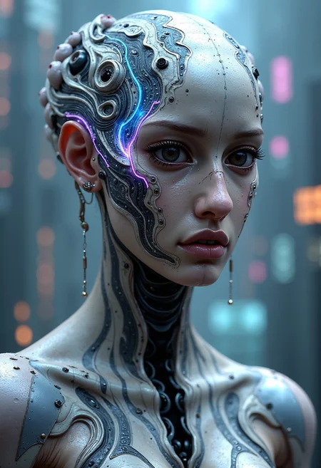 Hyper-realistic portrait of a biomechanical entity, blending organic and artificial elements. The face features smooth, iridescent skin with a pearlescent sheen, transitioning seamlessly into metallic components. Intricate, pulsating circuitry patterns in neon blue and violet weave across the scalp and cheekbones, suggesting advanced neural networks.
Large, multifaceted eyes resemble polished obsidian, reflecting a kaleidoscope of colors. No visible nose, but a series of small, symmetrical vents line the lower face. A barely discernible mouth hints at a modular design.
The entity wears a high-collared, liquid-metal suit that ripples with every subtle movement. The background depicts a futuristic cityscape shrouded in a holographic mist, with ghostly skyscrapers and floating vehicles barely visible.
Lighting alternates between cool bioluminescent glows and warm, golden highlights, creating a complex interplay of light and shadow across the entity's features. The overall color scheme blends cool silvers and blues with warm amber accents.
Captured with impossibly high resolution, every detail from microscopic skin textures to the finest circuitry is crisp and clear. The composition is slightly off-center, with the entity's gaze fixed just past the viewer, suggesting deep contemplation or connection to unseen data streams.
The mood evokes a sense of awe, uncertainty, and the uncanny valley, blurring the lines between humanity, technology, and alien intelligence.