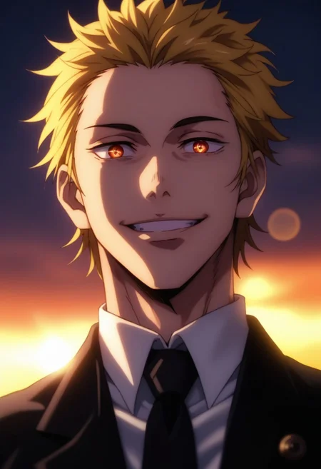 score_9, score_8_up, score_7_up, source_anime, intricate details, expressive eyes, anime screencap, perfect balance, official art, extremely detailed CG unity 8k wallpaper, perfect lighting, Colorful, Bright_Front_face_Lighting, (masterpiece:1.0),(best_quality:1.0), ultra high res,4K,ultra-detailed, photography, 8K, HDR, highres, absurdres:1.2, Kodak portra 400, blurry background, bokeh, lens flare, (Anime) (vibrant_color:1.2), professional photograph, night, (good_face:1.2), 2d, anime, upper body, intricate iris, American, Professional character design, 1man, male focus, Fiery Eyes, Orange eyes, expressive eyes, perfect eyes, (Blonde hair), (Orange tipped hair), white dress shirt, black suit, black tie, smile, toothy grin, cheerful, happy, friendly, masculine, solo, jujutsu_kaisen_style, character portrait, (Dramatic, Intense, epic, perfect-lighting, lens flare), face, torso, (checkered backdrop), 
 (black and white checker pattern) (Rengoku Kyojuro) (Demon Slayer Flame Hashira) (forked Eyebrows)